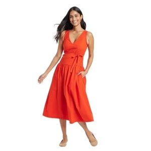 Universal Thread - Women's Tie-Waist Midi A-Line Dress Red Size XS